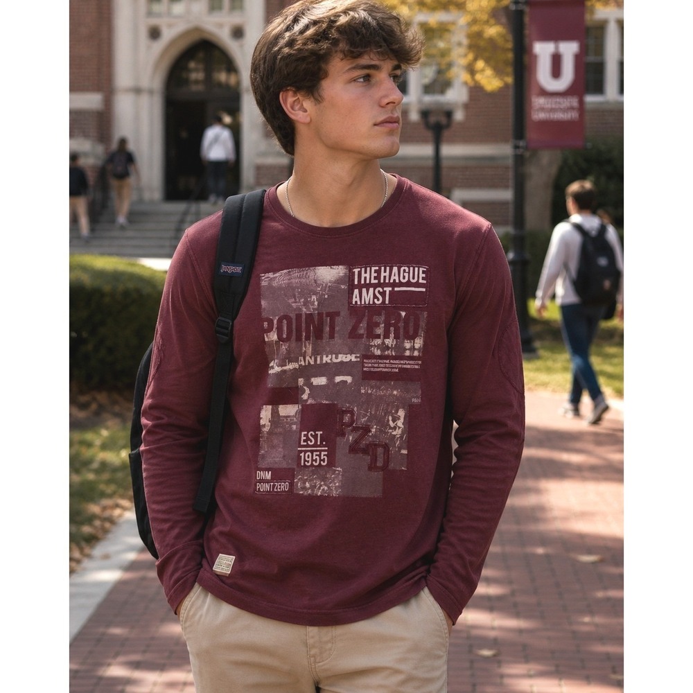 Point Zero Mens Black Label Burgundy Elbow Patch Graphic Long Sleeve Tee M Y2K